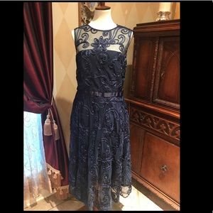 Navy lace tea length evening dress
